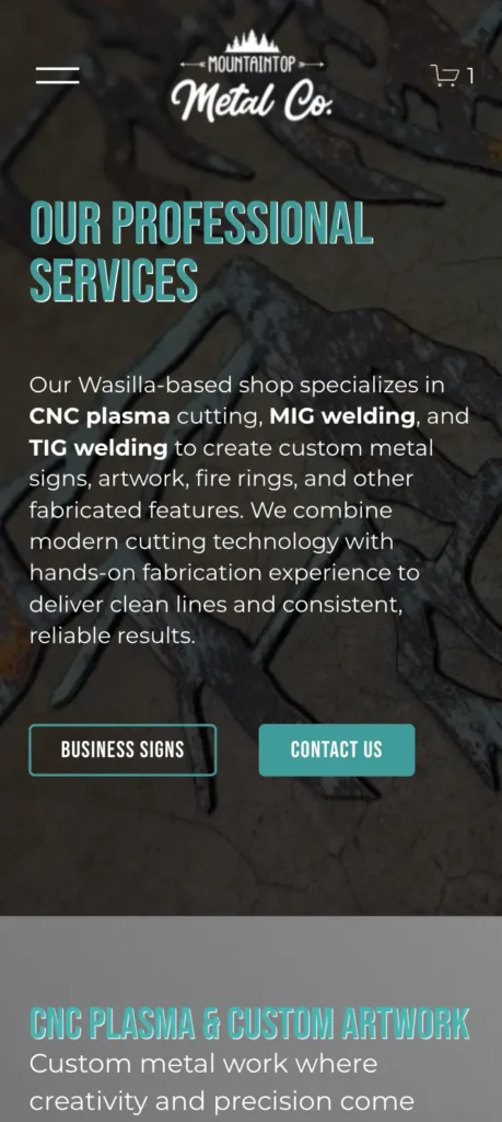 Preview of Mountaintop Metal Co website on mobile