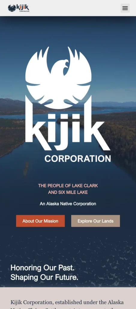 A preview of the Kijik Homepage on a mobile device