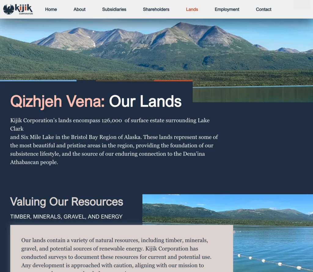 A preview of the Kijik "Lands" page