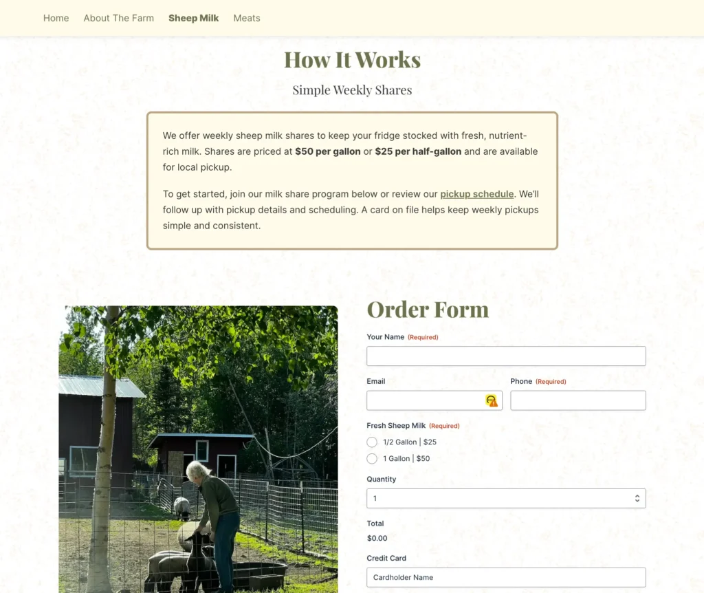 Preview of Reimers Micro Farm Sheep Milk order page